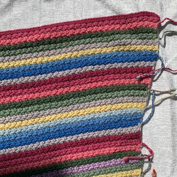 Vintage Handmade Crochet Knit Rainbow Afghan Blanket Fringe “Granny Square” - Picture 2 of 9